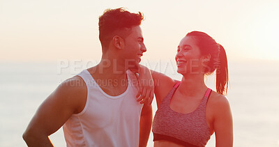 Buy stock photo Fitness, funny and exercise for couple, beach and bonding with workout, conversation and sports. Happy, athlete and people in morning, sea and communication for training, laughing and California