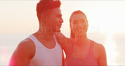 Buy stock photo Fitness, thinking and exercise for couple, beach and bonding with workout, sunrise and sports. Happy, athlete and people in morning, sea and communication for training, relax and flare in California