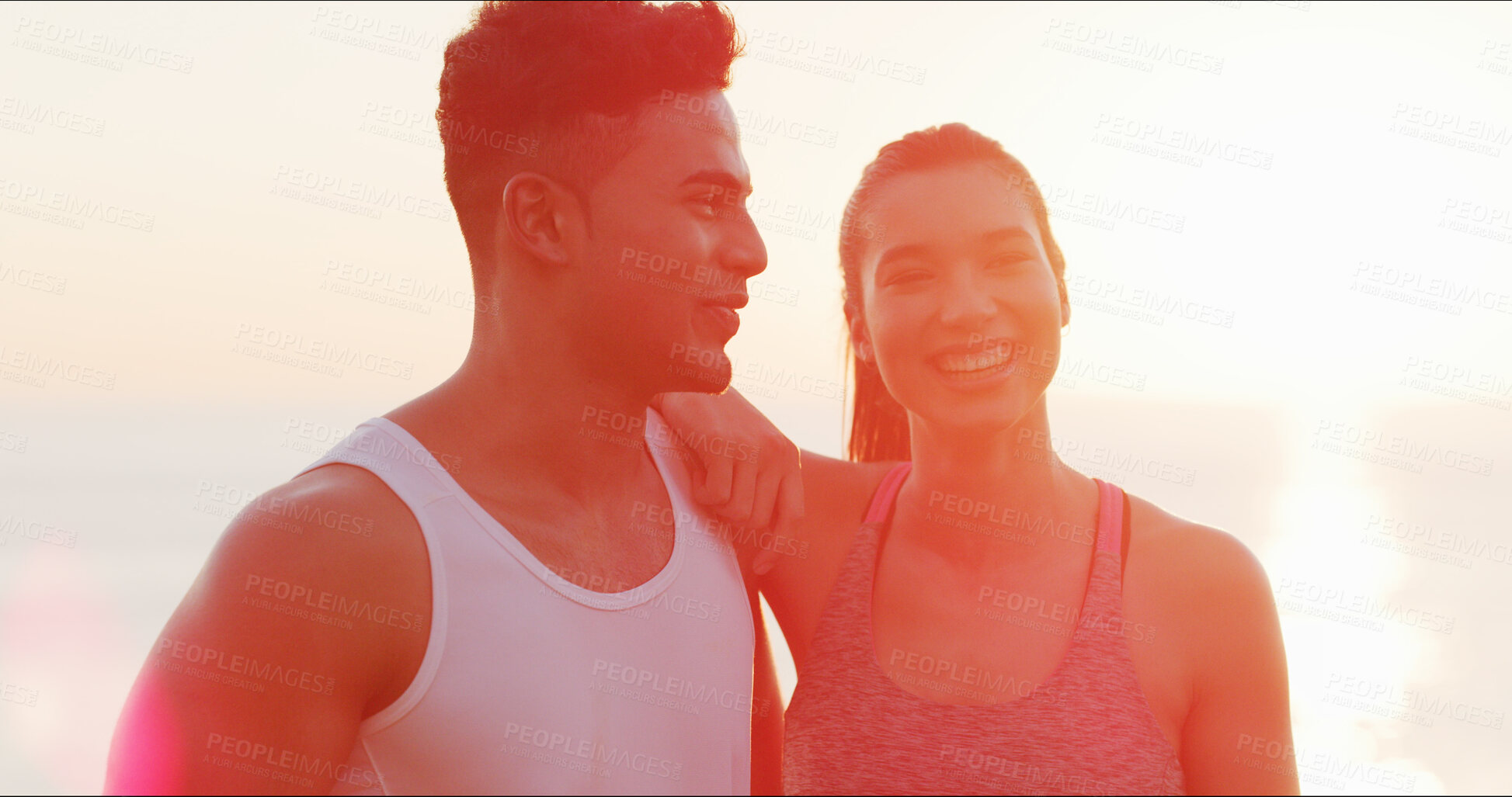 Buy stock photo Fitness, thinking and exercise for couple, beach and bonding with workout, sunrise and sports. Happy, athlete and people in morning, sea and communication for training, relax and flare in California