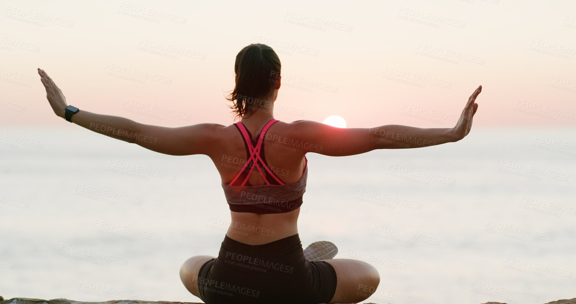 Buy stock photo Back, woman and stretching for yoga at ocean of spiritual fitness, mindfulness and holistic healing. Female person, warm up and pilates activity of mental health, balance and wellness on vacation zen