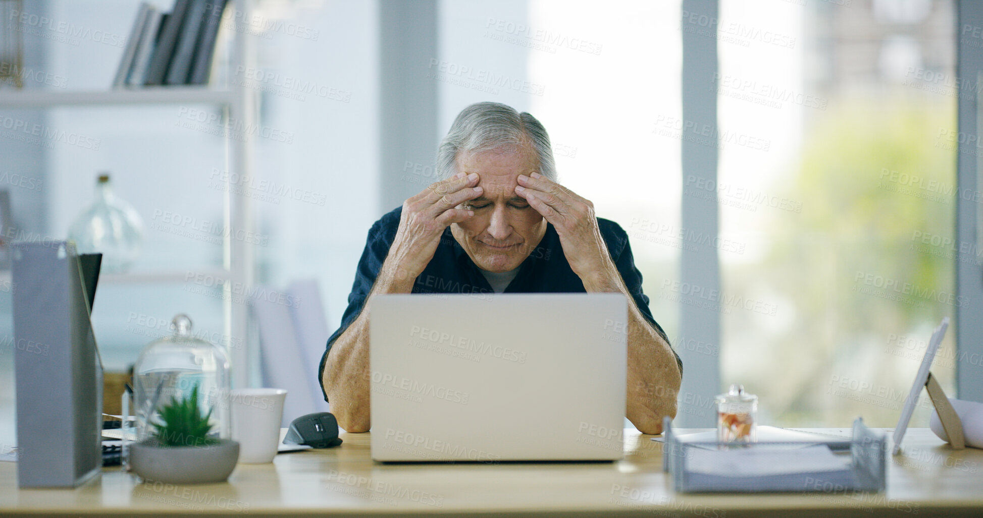 Buy stock photo Senior, businessman and laptop with headache for debt, bankruptcy or mistake at office. Mature, man or employee with vertigo or migraine on computer for fatigue, overworked or stress at workplace