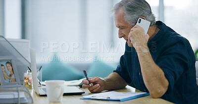 Buy stock photo Remote work from home, phone call and man with conversation and entrepreneur at desk. Mature person, copywriting and smartphone with discussion, network and planning with schedule, talk or connection