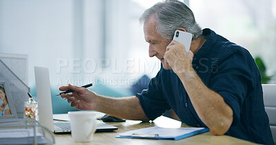 Buy stock photo Phone call, laptop and mature businessman in home with remote work for online corporate company. Reading, computer and male hr manager with cv review for hiring with mobile discussion in house.