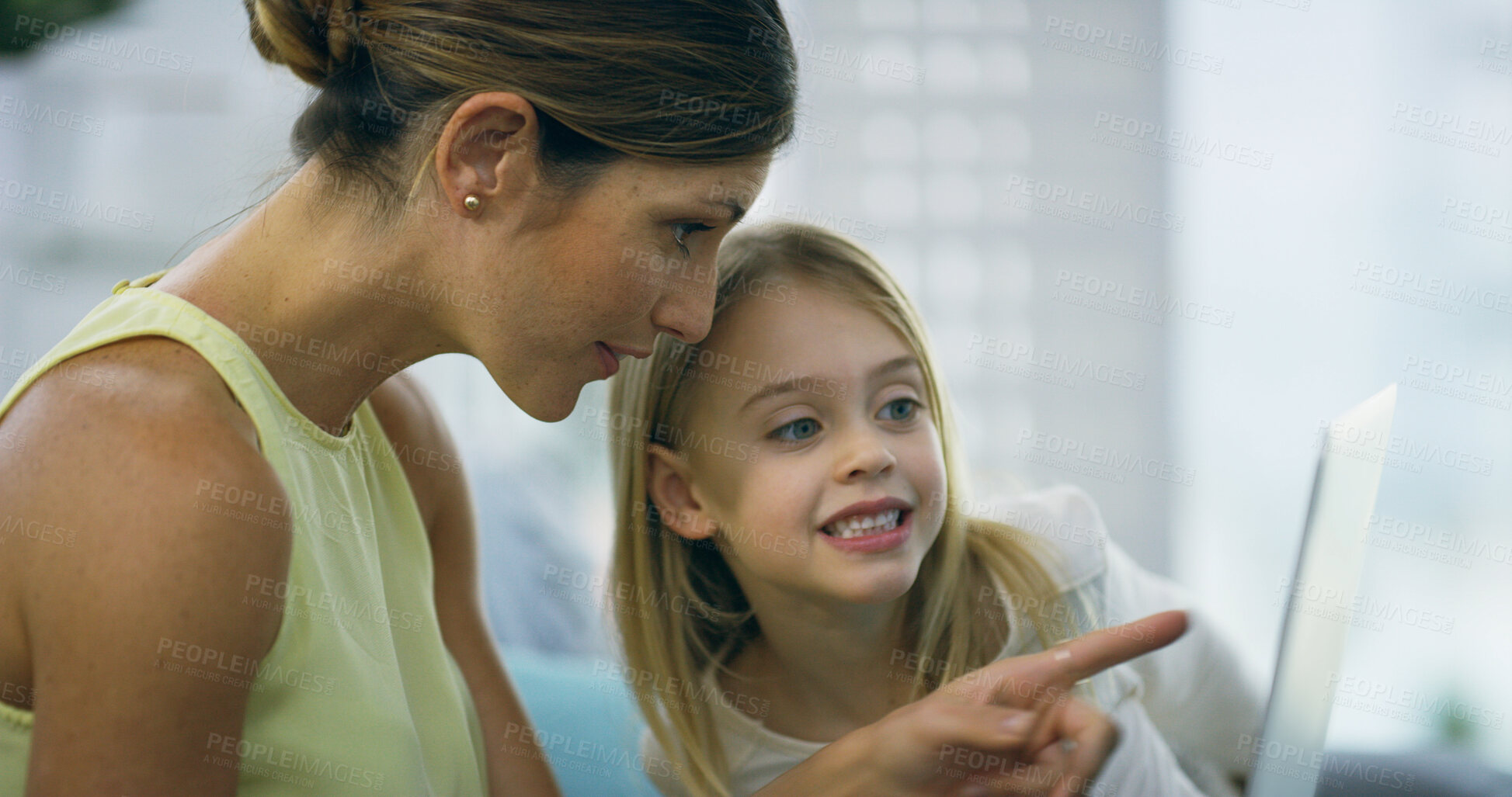 Buy stock photo Mother, girl and tablet for learning in home, video education and online for lesson support. Mommy, daughter and together for reading ebook on website, lounge bonding and pointing to app for story