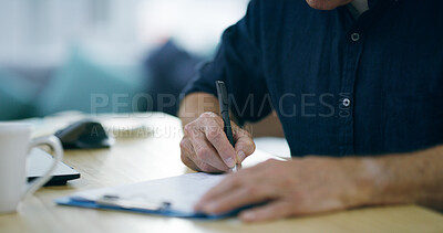 Buy stock photo Hands, clipboard and writing in office with medical report for progress, wellness and compliance for insurance. Person, patient and signature with checklist for health, healing or paperwork at clinic