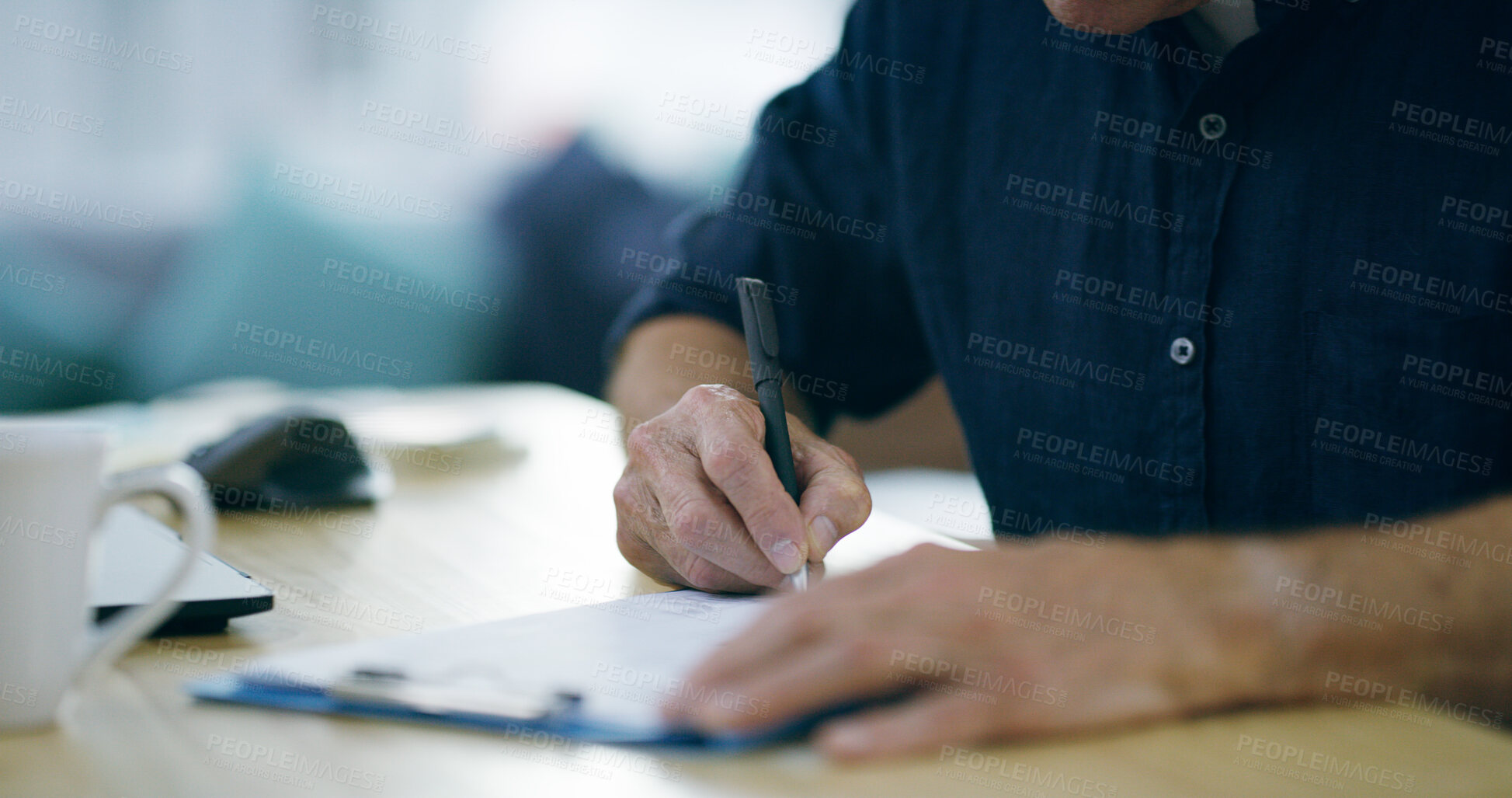 Buy stock photo Hands, clipboard and writing in office with medical report for progress, wellness and compliance for insurance. Person, patient and signature with checklist for health, healing or paperwork at clinic