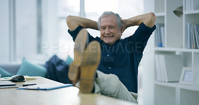 Buy stock photo Relax, stretching and mature man in office, ideas and done with work and positive mindset for project. Investor, contemplating and daydreaming on break, complete and boss of company and happy