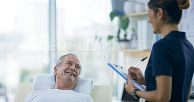 Buy stock photo Checklist, physiotherapist and senior man in clinic for checkup on injury, accident or rehabilitation. Chiropractor, clipboard and healthcare worker with elderly male patient for medical report.