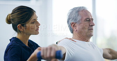 Buy stock photo Physiotherapist, senior man or exercise with dumbbells for physical therapy, rehabilitation or mobility training. Recovery, stretching or elderly patient with weights for healing treatment or support