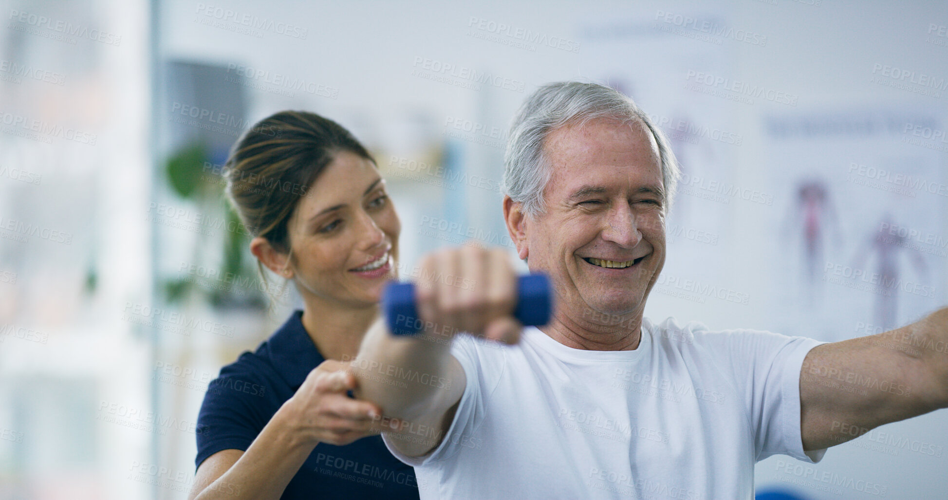 Buy stock photo Physiotherapist, senior man or happy with dumbbell for physical therapy, rehabilitation or muscle training. Recovery, exercise or elderly patient with weights for healing treatment or fitness support