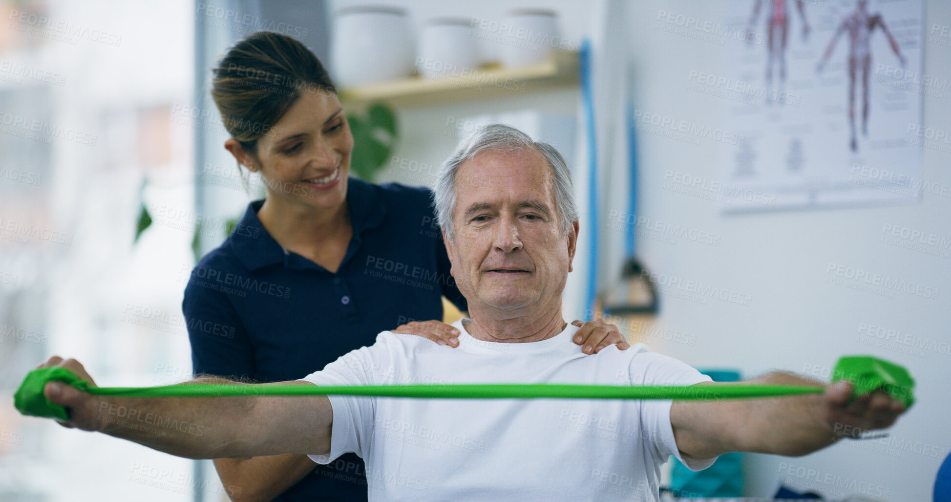 Buy stock photo Resistance band, senior man and physiotherapist in office, consultation or recovery. Employee, physical therapy or client with healthcare, wellness or healing with rehabilitation or strength training