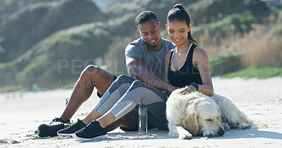 Buy stock photo Relax, beach and couple with dog after training, exercise and workout for health together outdoors. Dating, pet owners and man and woman with Labrador on sand for resting, break and calm in nature
