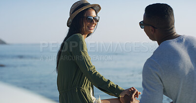 Buy stock photo Ocean, couple and holding hands by car for love, travel holiday and outdoor for bonding together. Happy people, woman and man with commitment in healthy relationship, vacation and romantic by vehicle