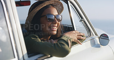 Buy stock photo Travel, driver and smile for road trip, woman and fresh air in summer, car and journey for adventure. Window, happy and driving for holiday, shades and transport for tourist, vehicle and person