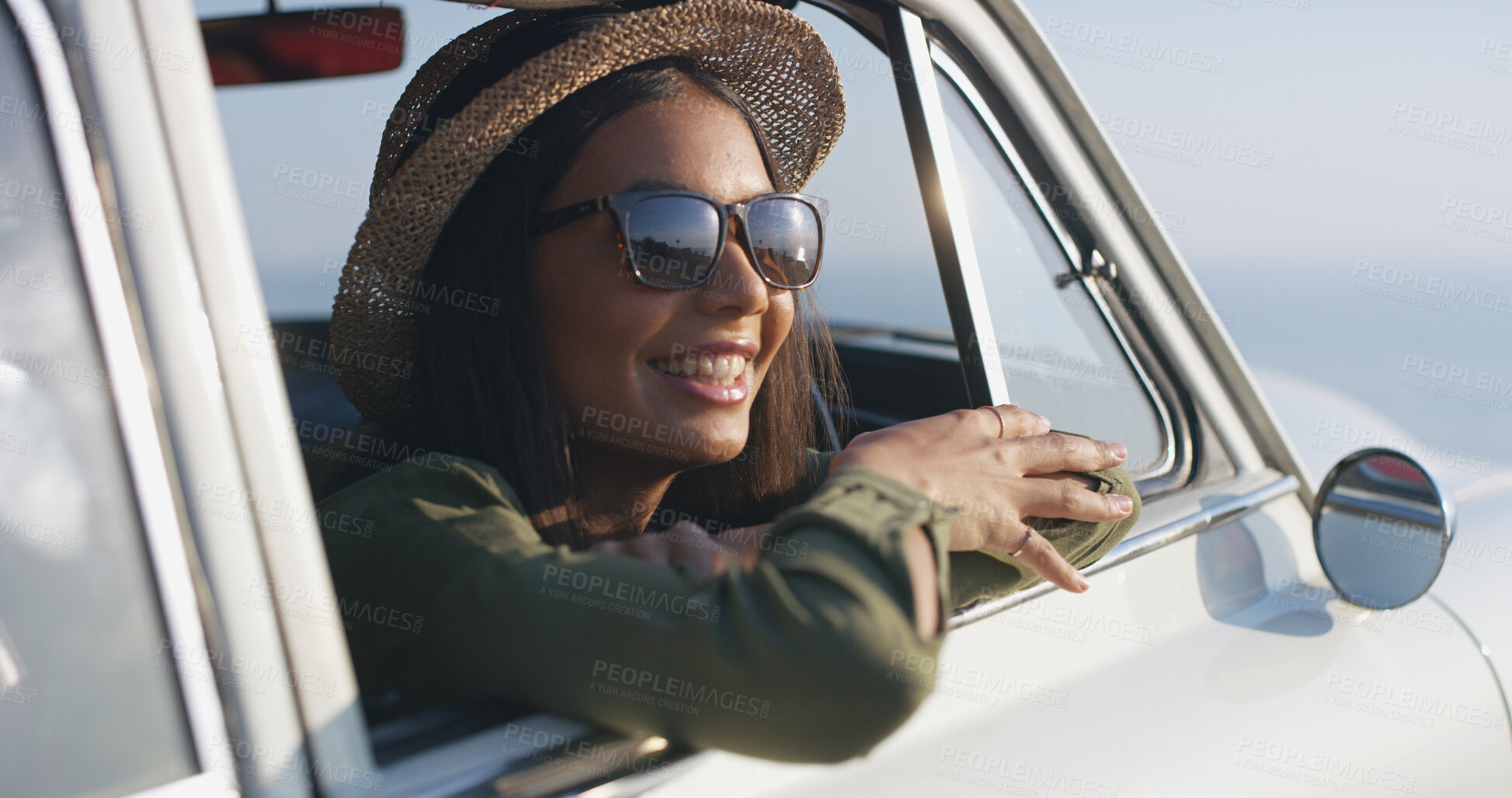 Buy stock photo Travel, driver and smile for road trip, woman and fresh air in summer, car and journey for adventure. Window, happy and driving for holiday, shades and transport for tourist, vehicle and person