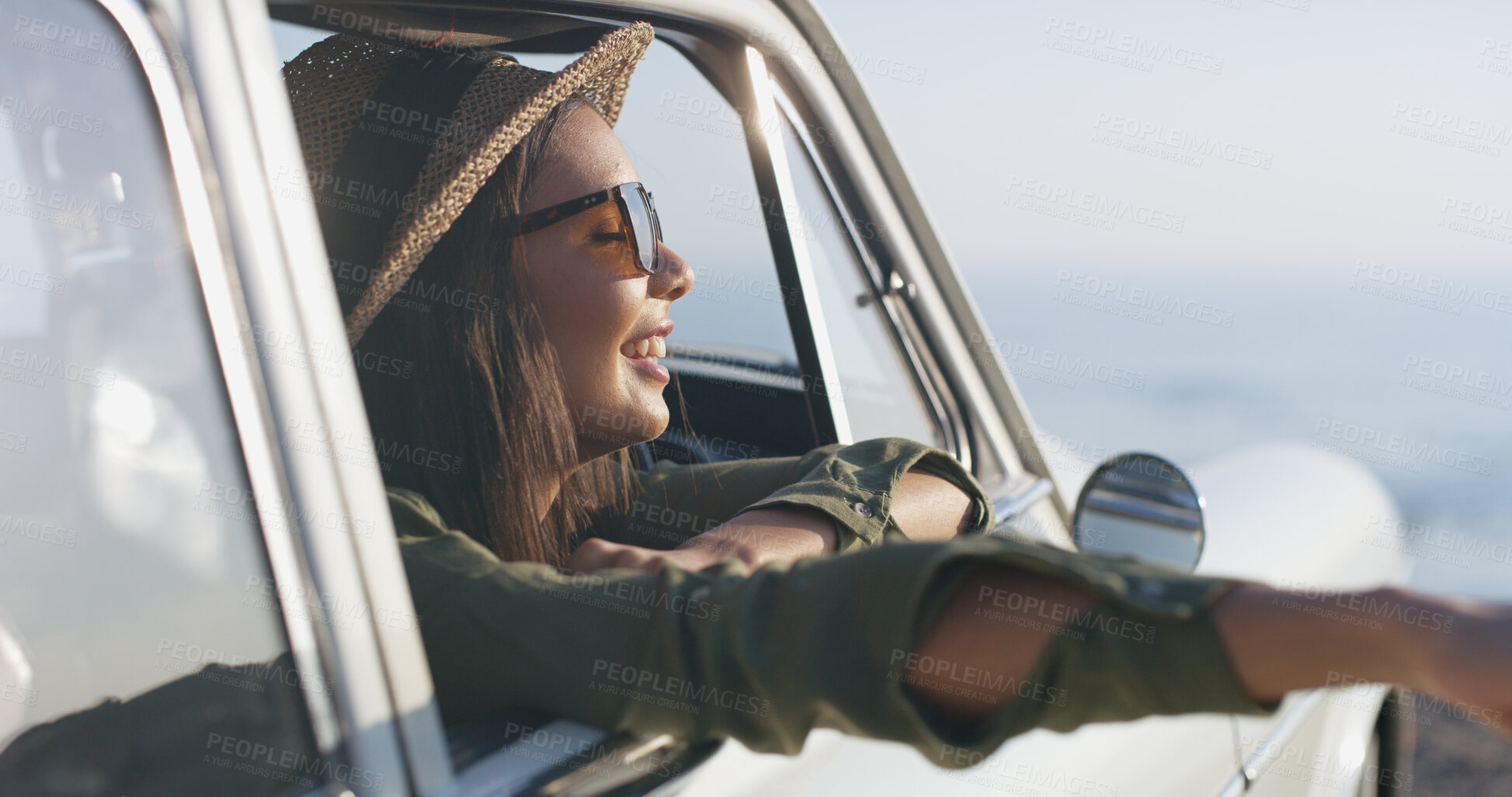 Buy stock photo Travel, happy and woman in car on vacation, adventure or weekend trip for self discovery. Fun, journey and young female person outdoor in vehicle by sunset on holiday or getaway in Australia.
