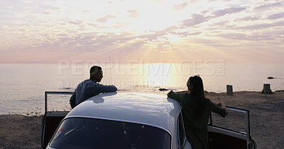 Buy stock photo Road trip, sunset and travel with couple at beach for ocean view, summer vacation and adventure. Love, holiday and tourist with back of people and car in nature for relax, transportation and drive