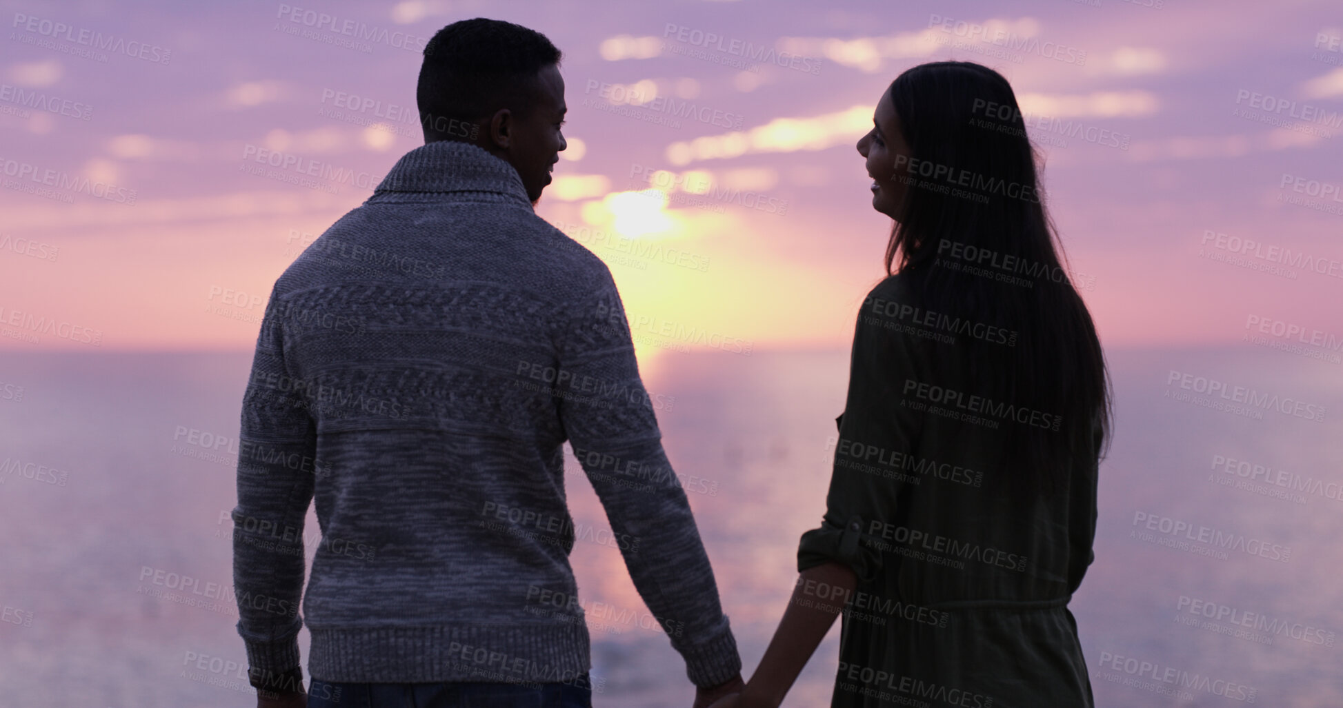 Buy stock photo Sunset, beach and couple holding hands on holiday date, romantic adventure or sightseeing from back. Evening sky, man and woman on travel vacation with love, view or outdoor journey together at ocean