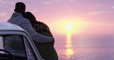 Buy stock photo Hug, sunset and couple on road trip, vacation and romance for anniversary, back and scenery of nature. Mockup space, beach and people with car for holiday, travel and date for tourist and bonding