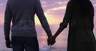 Buy stock photo Sunset sky, beach and couple holding hands on romantic date, holiday adventure or sightseeing from back. Evening, man and woman on travel vacation with love, view or outdoor journey together at ocean