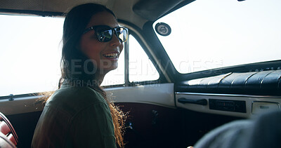 Buy stock photo Car, woman and smile with road trip for travel, adventure journey and confidence as passenger. Holiday, female person and happy in vehicle for transportation, vacation and cheerful for summer break