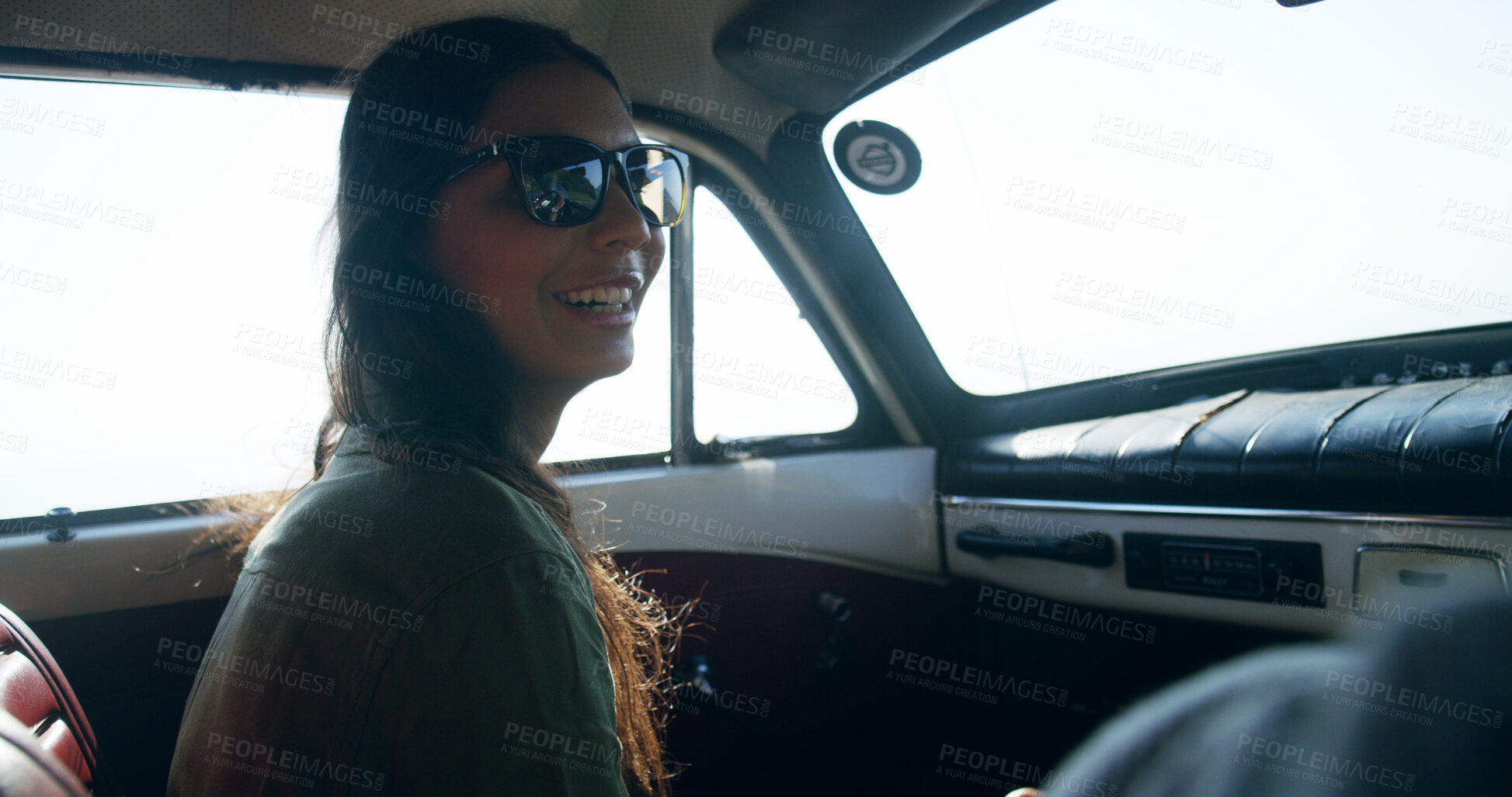 Buy stock photo Car, woman and smile with road trip for travel, adventure journey and confidence as passenger. Holiday, female person and happy in vehicle for transportation, vacation and cheerful for summer break