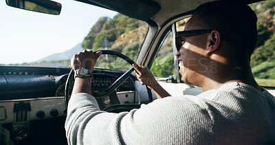 Buy stock photo Travel, black man and driving on road trip with smile, holiday adventure and weekend fun in countryside. Explore, discover and driver in car for journey, transport or summer vacation with happy face