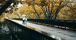 Women, umbrella and back with walking for friendship, memory or adventure in countryside. Female people, nature and park in bonding together as college student on holiday, travel or vacation in Japan