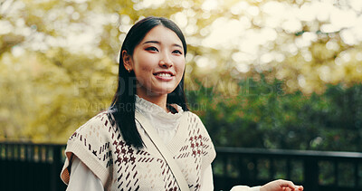 Buy stock photo Japanese woman, thinking and outdoor with happiness confidence and pride in garden or park. Female person, smile and biology student at university for relax, idea or planning in nature or countryside