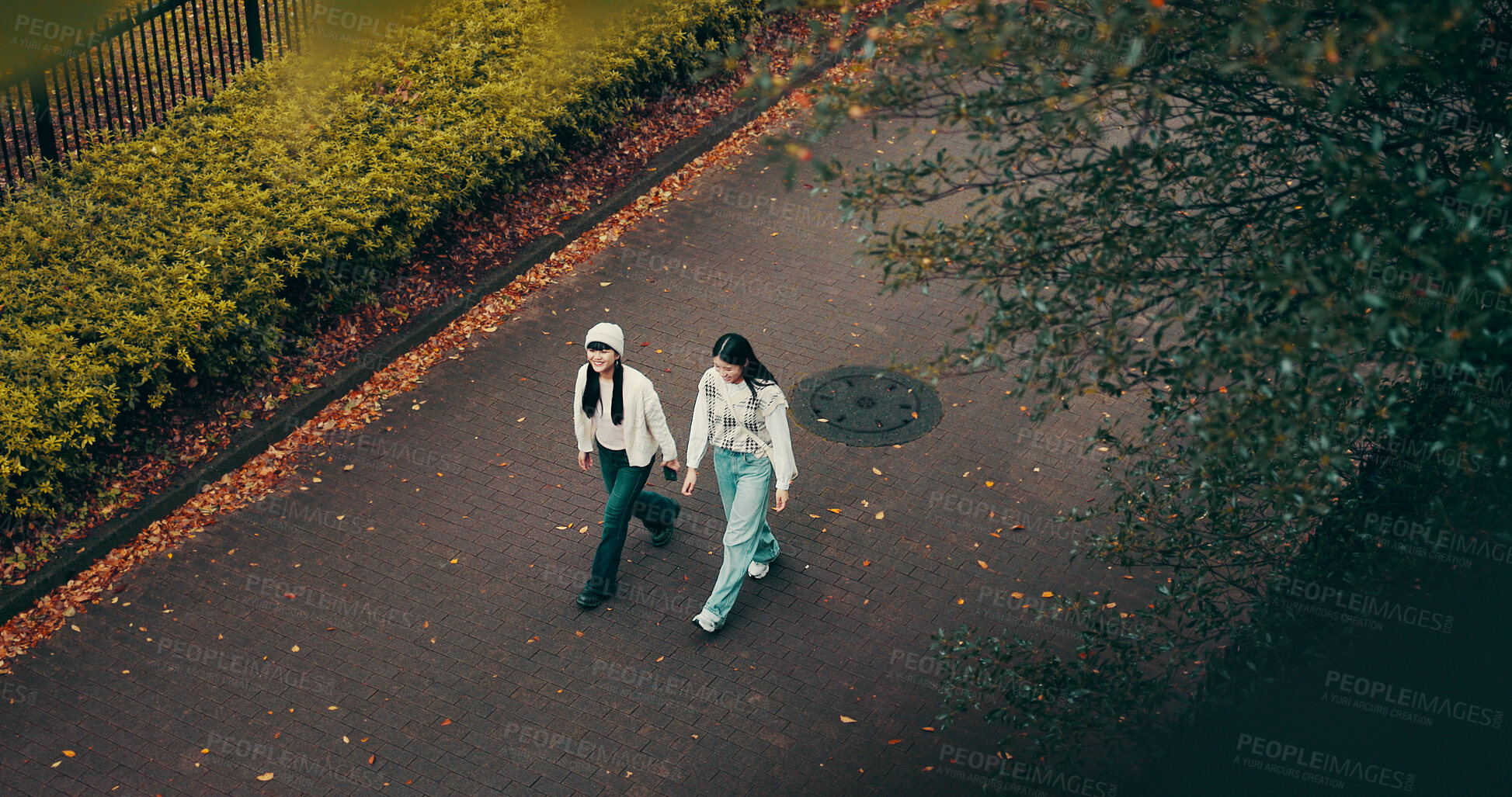 Buy stock photo Japanese women, above and outdoor with walking for friendship, break and adventure in road. Female people, nature and park in bonding together as university students for holiday, travel snd vacation