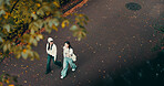 Japanese women, high angle and walking with outdoor for friendship, break or adventure in road. Female people, nature and park in bonding together as university student on holiday, travel or vacation