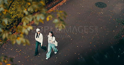 Buy stock photo Japanese women, above and nature with outdoor for adventure, break and friendship in road. Female people, walking and park in bonding together as university students for holiday, travel and vacation