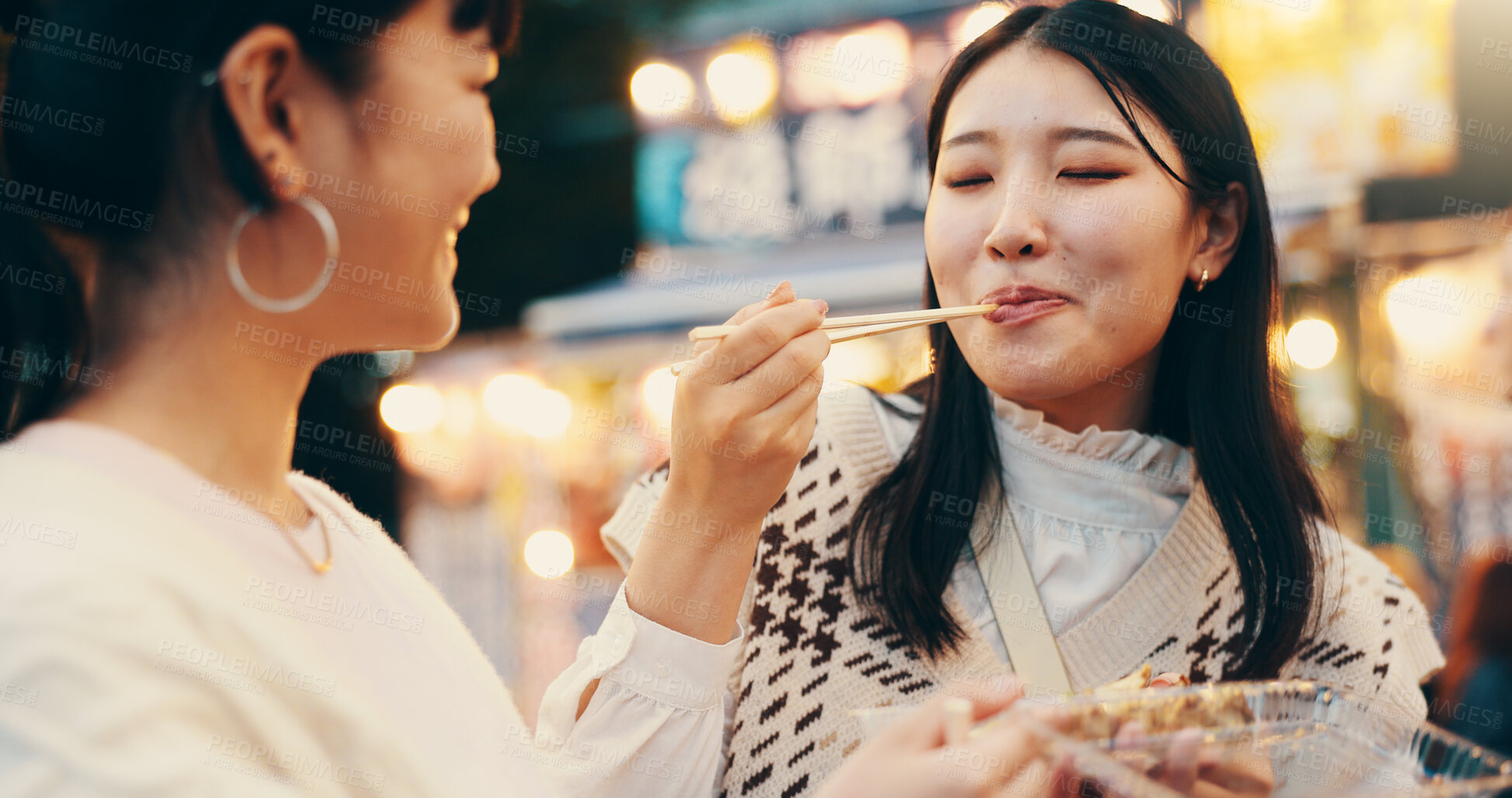 Buy stock photo City, asian women and happy with street food, travel and snack for friends with meal, students and road. Outdoor, delicious and cuisine for celebration of reunion, people and sharing in Japan