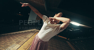 Buy stock photo Japanese woman, outdoor and contemporary dance at night for practice, training and choreography. Female person, technique and rehearsal as professional dancer for company, theater and performance art