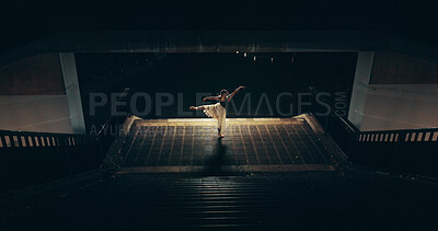 Buy stock photo Ballet, dance and stairs with Japanese woman in city for balance, theater and elegant performance. Talent, artist and feminine with person or ballerina dancer at night for recital, music or practice 