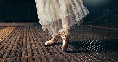 Buy stock photo Ballet, night and feet of woman in Japan city for dancing, theater and elegant performance. Talent, artist and feminine with closeup of shoes of person or ballerina dancer for recital and practice 