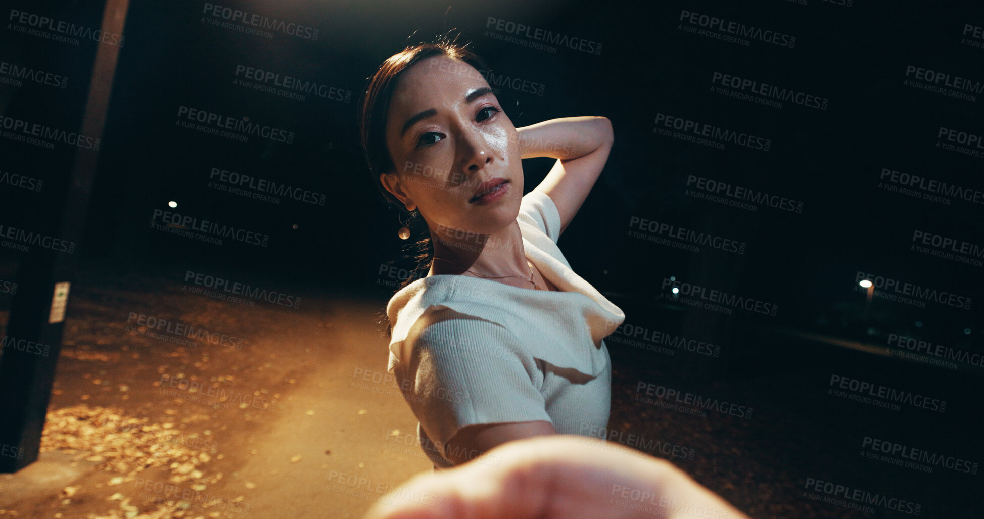 Buy stock photo Japanese woman, selfie and outdoor with portrait,  confidence and style as professional dancer. Female person, city street and photography for fashion, pride and edgy as performance artist at night