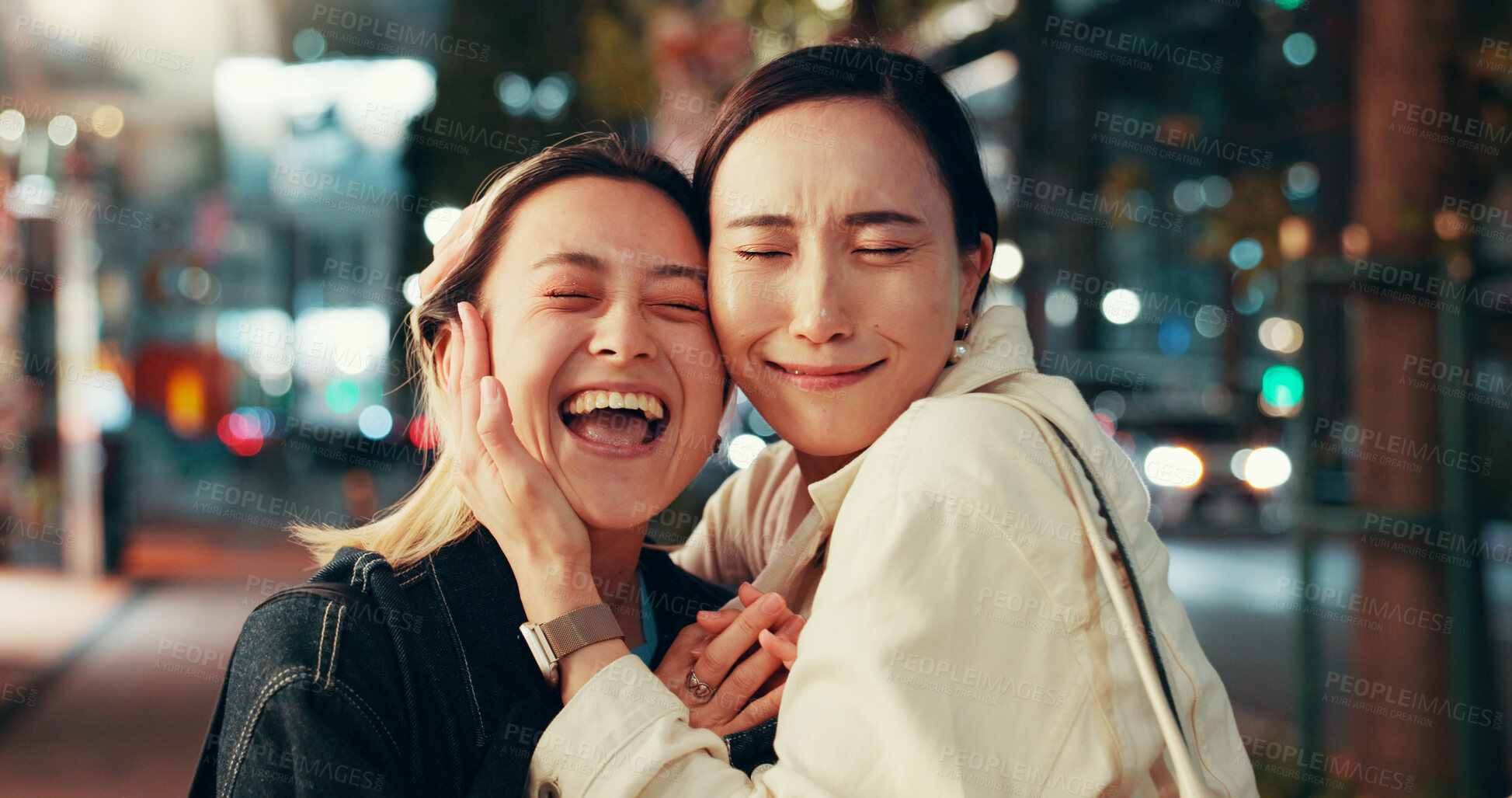 Buy stock photo Happy, asian women and night with hug for love, care or bonding together in an urban town or city. Japan, female people or friends with smile in late evening for travel or fun moment in Tokyo street