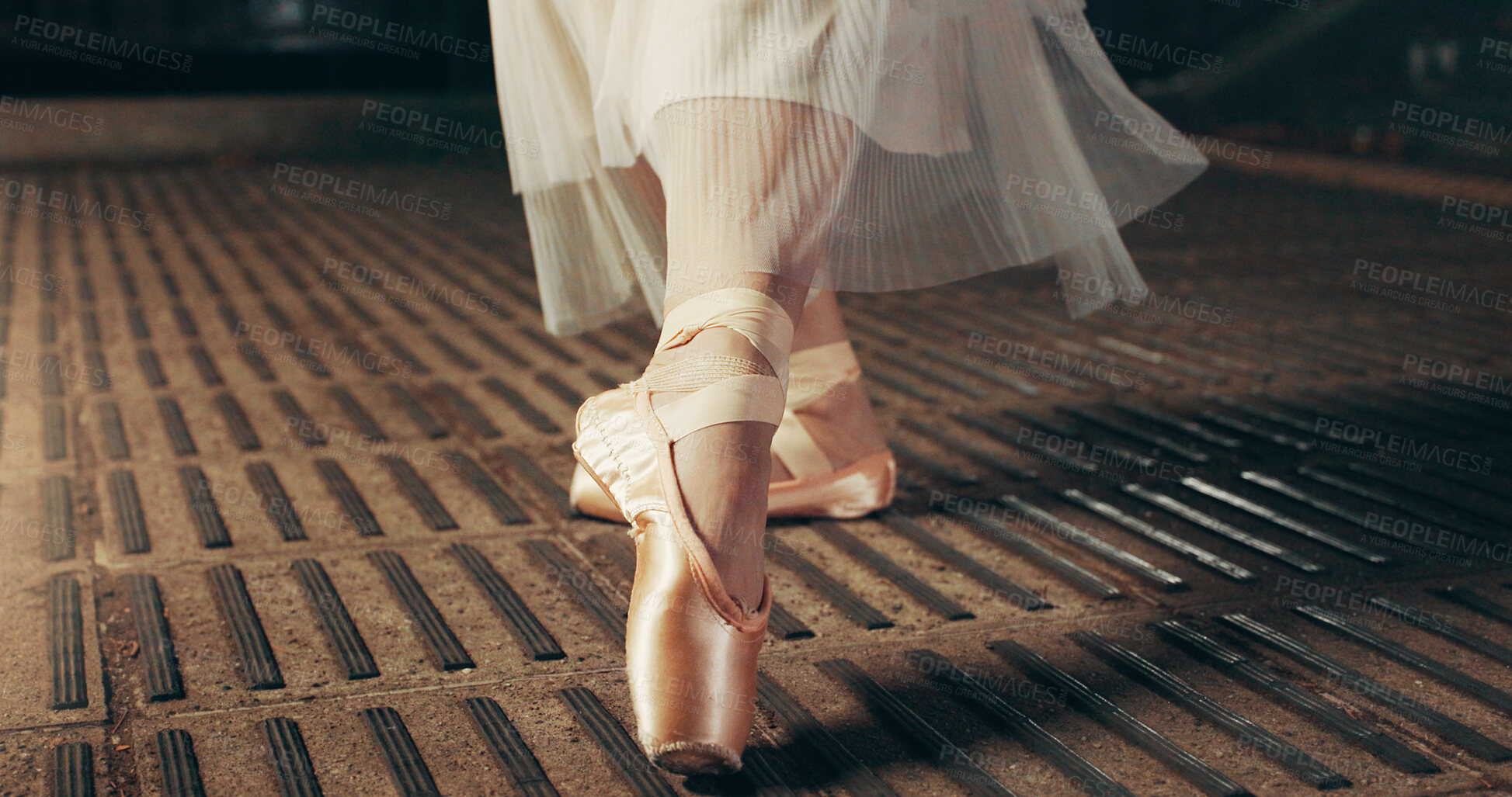 Buy stock photo Ballet, dance and feet of woman in Japan city for balance, theater and elegant performance. Talent, artist and feminine with closeup of shoes of person or ballerina dancer for recital and practice 