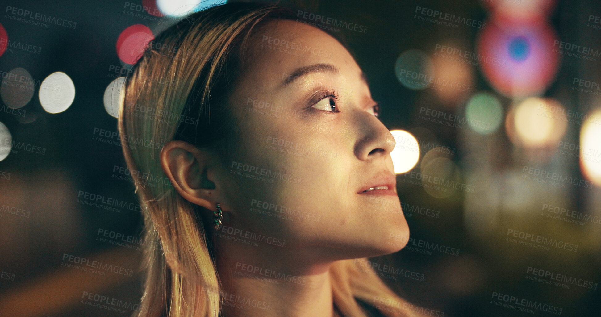 Buy stock photo Thinking, travel and woman in city at night with waiting, public transport and bokeh at bus stop. Dark, lights and Japanese girl in street to discover, explore and late urban commute for sightseeing