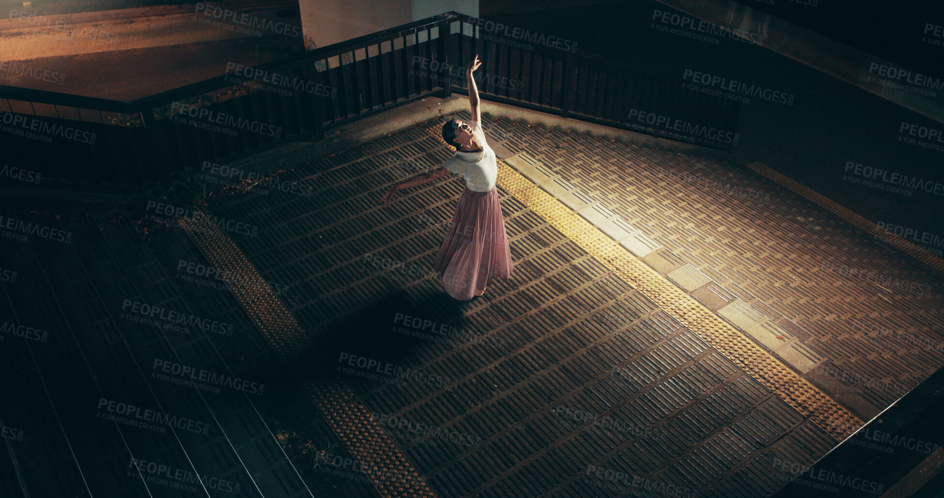 Buy stock photo Japanese woman, outdoor and ballerina as dancer for practice, training and choreography at night. Female person, technique and rehearsal with ballet dancing for company, theater and performance art