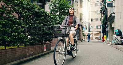 Buy stock photo Travel, explore and Asian woman with bicycle in city for morning commute, adventure and journey outdoors. Location, cycling and person on bike for trip, sustainable or eco friendly transport in Japan