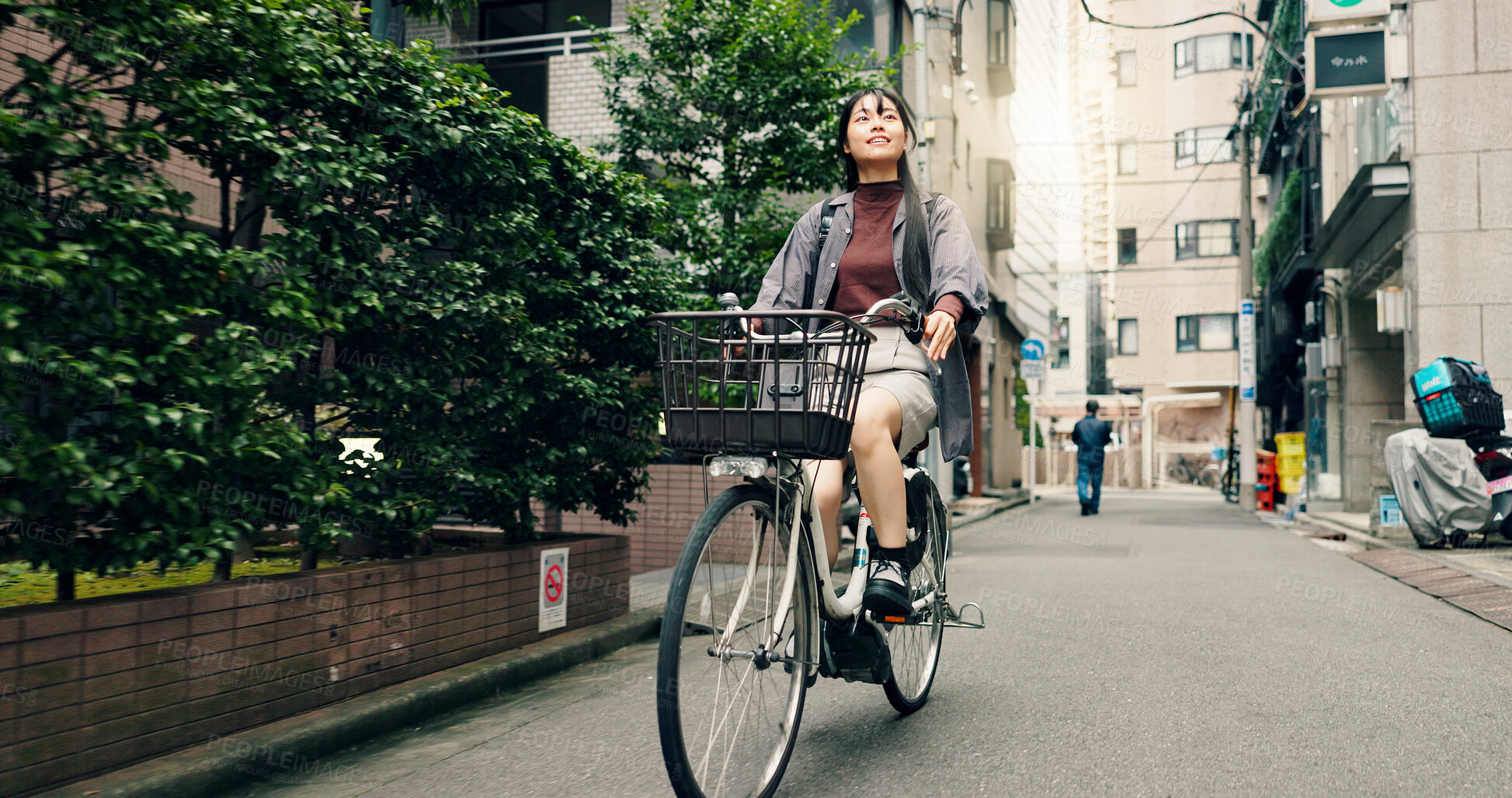 Buy stock photo Travel, explore and Asian woman with bicycle in city for morning commute, adventure and journey outdoors. Location, cycling and person on bike for trip, sustainable or eco friendly transport in Japan