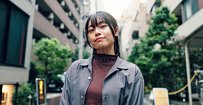 Buy stock photo City, happy and portrait of Asian woman with smile for university, education and commute to college. Travel, urban town and face of person on street for holiday, break and weekend in Japan outdoors