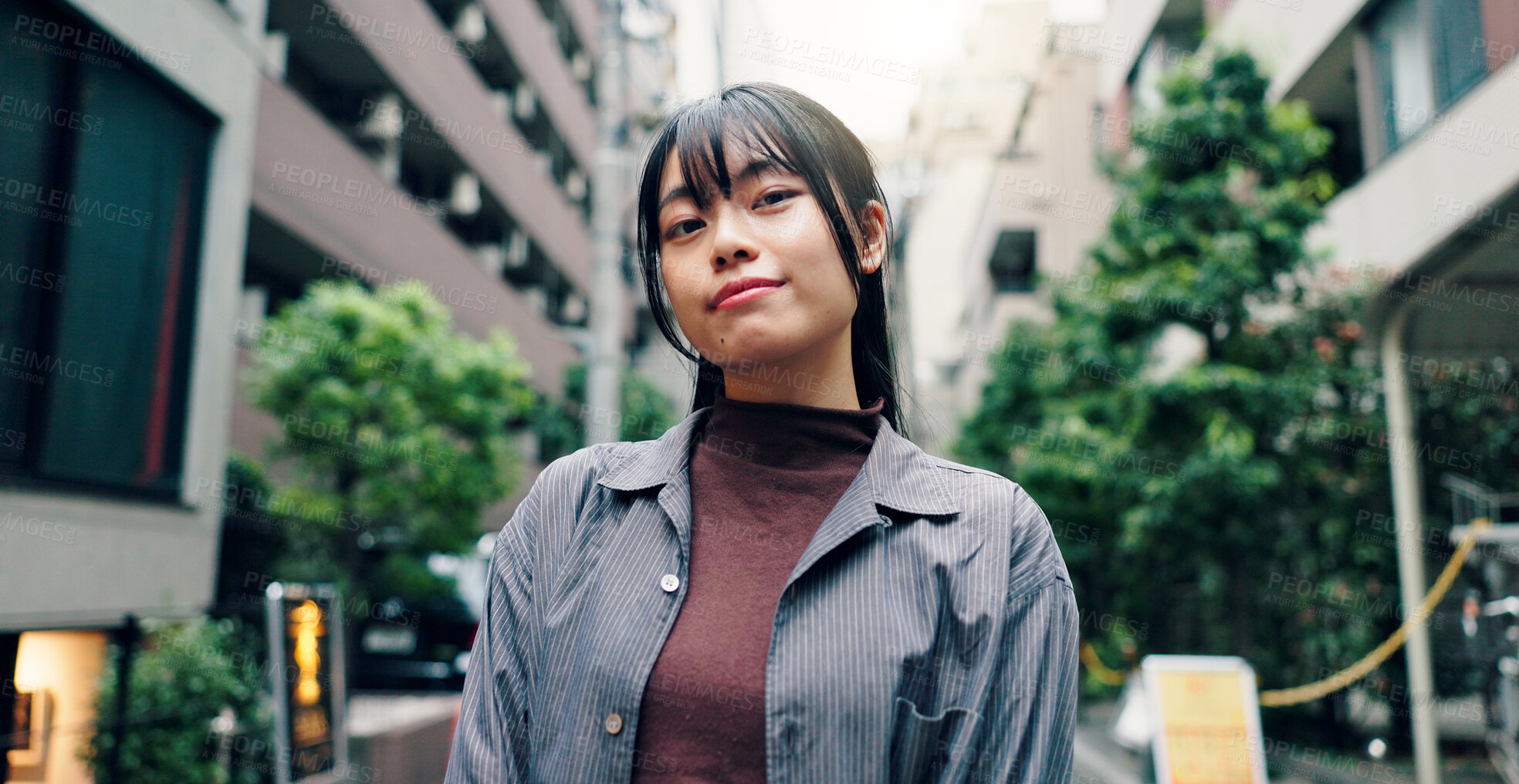 Buy stock photo City, happy and portrait of Asian woman with smile for university, education and commute to college. Travel, urban town and face of person on street for holiday, break and weekend in Japan outdoors