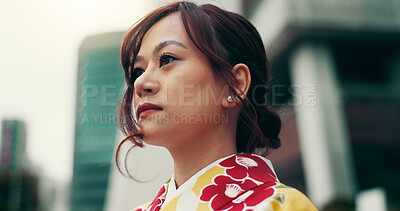 Buy stock photo Thinking, kimono and travel with Japanese woman in city for heritage, festival ceremony and culture. Traditional clothes, fashion and vision with person and outdoor for pride, reflection and peace