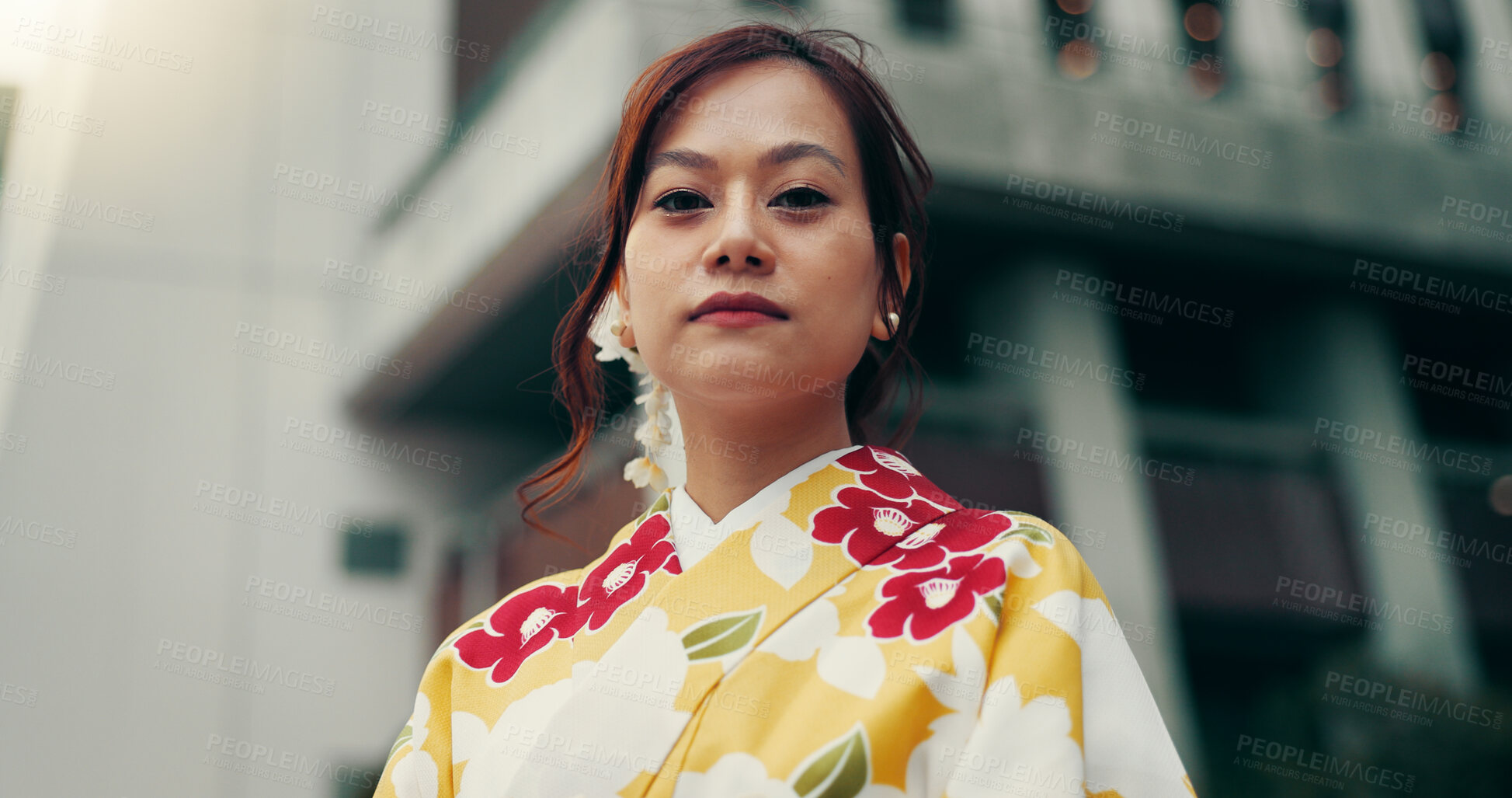 Buy stock photo Portrait, kimono and low angle with Japanese woman in city for heritage, festival ceremony and culture. Traditional clothes, fashion and respect with person and Japan outdoor for pride and peace