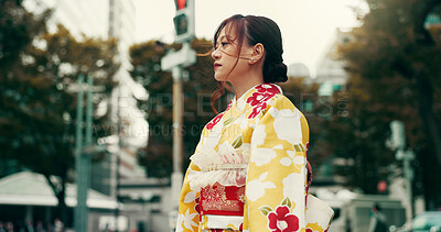 Buy stock photo Explore, street and woman in city with kimono, morning commute and sightseeing in traditional clothes. Walking, discover and girl with Japanese fashion, culture or weekend travel on urban adventure