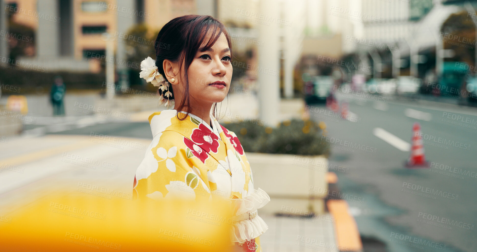 Buy stock photo Crosswalk, kimono and travel with Japanese woman in city for heritage, festival ceremony and culture. Traditional clothes, fashion and waiting with person and Japan outdoor for pride and peace