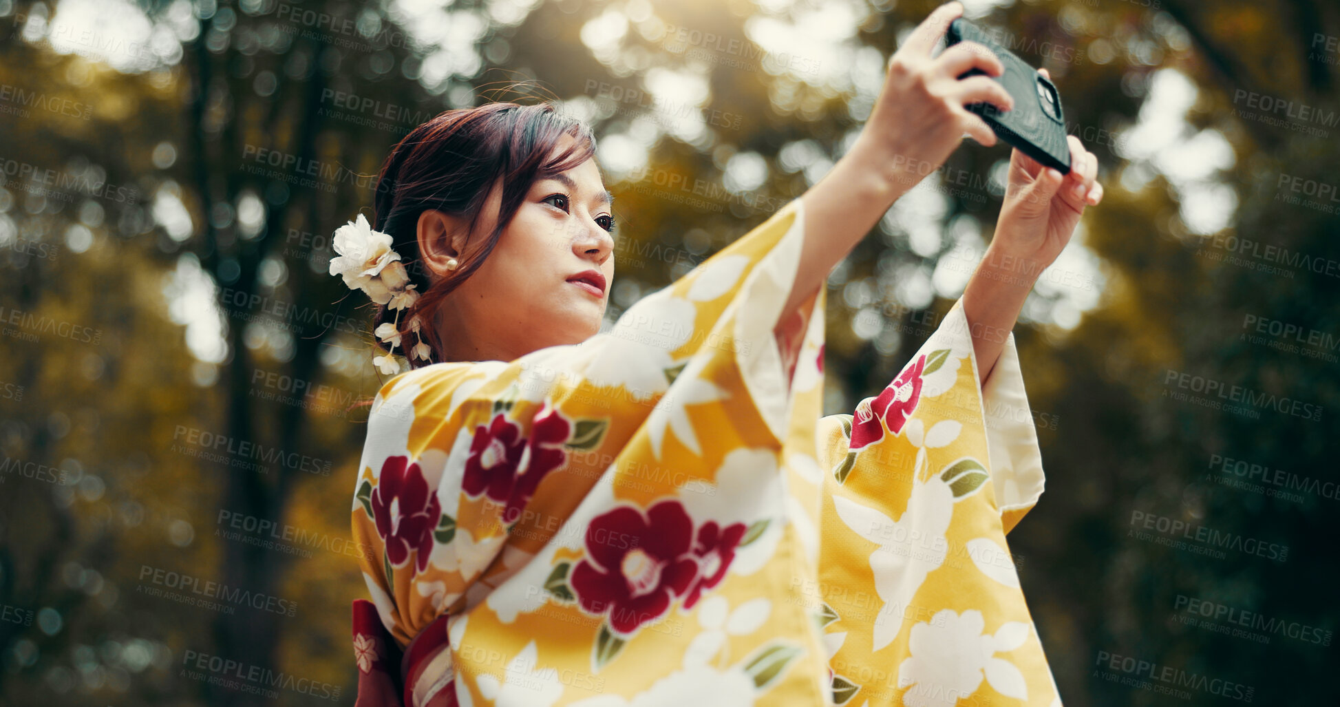 Buy stock photo Photography, phone and kimono with Japanese woman in nature for picture, memory and traditional clothes. Travel, social media post and content creator with person for heritage, culture and update